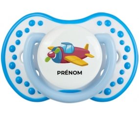 Jouet toys Avion design-3 avec prénom : Blanc-bleu phosphorescente Tétine embout Lovi Dynamic