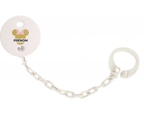 Attache-tétineDisney Minnie Oreilles dorées Nœud rose avec prénom couleur Blanc