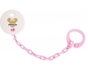 Attache-tétineDisney Minnie Oreilles dorées Nœud rose avec prénom couleur Rose clair