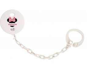 Attache-tétineDisney Minnie Oreilles noires Nœud rose pois blancs avec prénom couleur Blanc