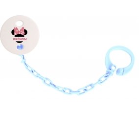 Attache-tétineDisney Minnie Oreilles noires Nœud rose pois blancs avec prénom couleur Bleu ciel