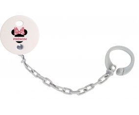 Attache-tétineDisney Minnie Oreilles noires Nœud rose pois blancs avec prénom couleur Grise