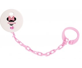 Attache-tétineDisney Minnie Oreilles noires Nœud rose pois blancs avec prénom couleur Rose clair