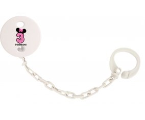 Attache-tétineDisney Minnie Numéro 3 rose pois blancs papillon rose avec prénom couleur Blanc