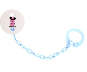 Attache-tétineDisney Minnie Numéro 3 rose pois blancs papillon rose avec prénom couleur Bleu ciel