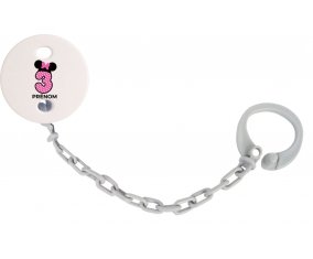 Attache-tétineDisney Minnie Numéro 3 rose pois blancs papillon rose avec prénom couleur Grise