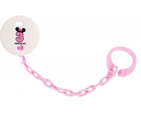 Attache-tétineDisney Minnie Numéro 3 rose pois blancs papillon rose avec prénom couleur Rose clair