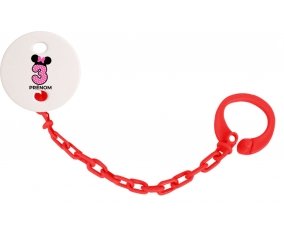 Attache-tétineDisney Minnie Numéro 3 rose pois blancs papillon rose avec prénom couleur Rouge