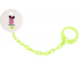 Attache-tétineDisney Minnie Numéro 3 rose pois blancs papillon rose avec prénom couleur Verte