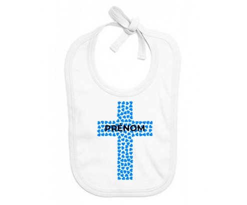 Bavoir bébé personnalisé Croix christ bleue avec prénom