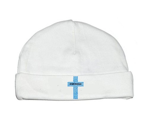 Bonnet bébé personnalisé Croix christ bleue avec prénom