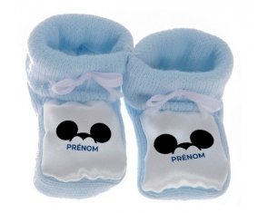 Chausson bébé Disney Mickey Nœud papillon avec prénom de couleur Bleu