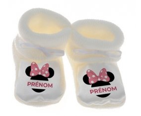 Chausson bébé Disney Minnie Oreilles noires Nœud rose pois blancs avec prénom de couleur Blanc