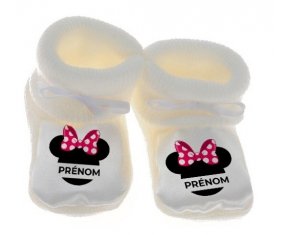 Chausson bébé Disney Minnie Nœud rose pois blancs avec prénom de couleur Blanc