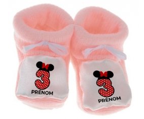 Chausson bébé Disney Minnie Numéro 3 rouge pois blancs papillon rouge avec prénom de couleur Rose