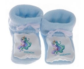 Chausson bébé My Little Pony Princesse Célestia design-2 avec prénom de couleur Bleu