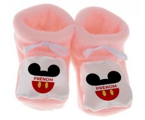 Chausson bébé Disney Mickey short rouge avec prénom de couleur Rose