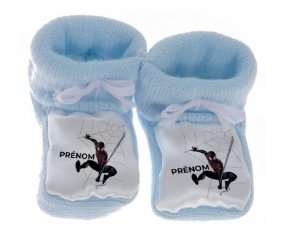 Chausson bébé Spiderman design-4 avec prénom de couleur Bleu