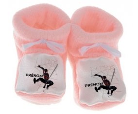 Chausson bébé Spiderman design-4 avec prénom de couleur Rose