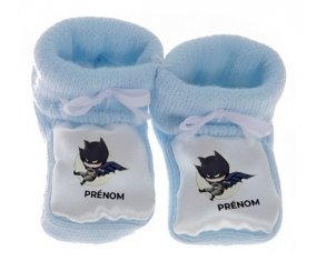 Chausson bébé Batman kids logo design-1 avec prénom de couleur Bleu