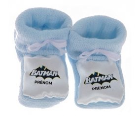 Chausson bébé Batman logo design-2 avec prénom de couleur Bleu