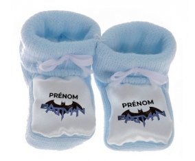 Chausson bébé Batman logo design-3 avec prénom de couleur Bleu