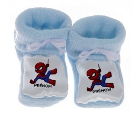 Chausson bébé Spiderman kids design-1 avec prénom de couleur Bleu