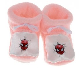 Chausson bébé Tête Spiderman casse le mur de couleur Rose