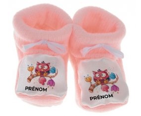 Chausson bébé Animaux rigolos Hibou avec prénom de couleur Rose