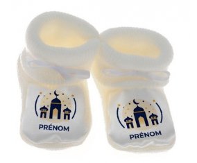 Chausson bébé Islam mosqué avec prénom design-1 de couleur Blanc