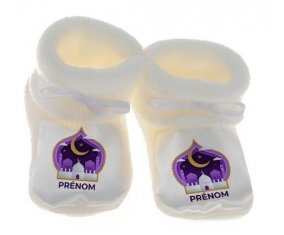 Chausson bébé Islam mosqué avec prénom design-4 de couleur Blanc