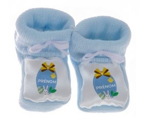 Chausson bébé Oeuf de Pâques design-2 avec prénom de couleur Bleu