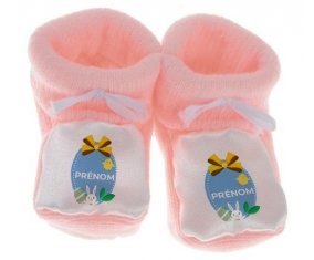 Chausson bébé Oeuf de Pâques design-2 avec prénom de couleur Rose