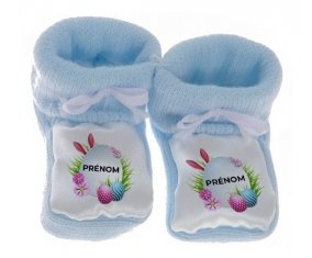 Chausson bébé Oeuf de Pâques design-9 avec prénom de couleur Bleu