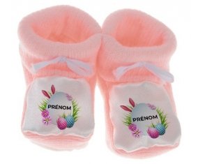 Chausson bébé Oeuf de Pâques design-9 avec prénom de couleur Rose