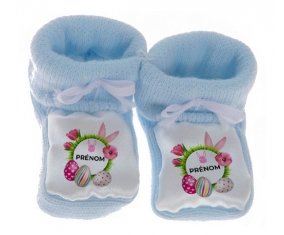 Chausson bébé Oeuf de Pâques design-10 avec prénom de couleur Bleu