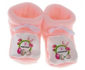 Chausson bébé Oeuf de Pâques design-10 avec prénom de couleur Rose