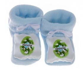 Chausson bébé Oeuf de Pâques design-11 avec prénom de couleur Bleu