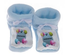 Chausson bébé Oeuf de Pâques design-12 avec prénom de couleur Bleu