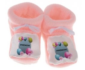 Chausson bébé Oeuf de Pâques design-12 avec prénom de couleur Rose