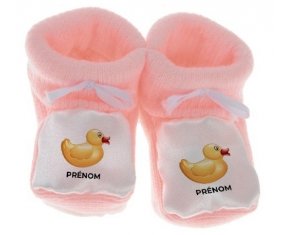 Chausson bébé Jouet toys petit canard jaune avec prénom de couleur Rose