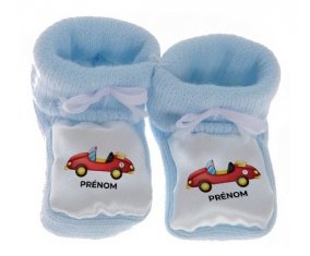 Chausson bébé Jouet toys voiture de sport avec prénom de couleur Bleu