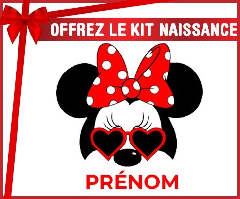 kit naissance bébé personnalisé Disney Minnie Nœud rouge pois blancs lunette rouge avec prénom