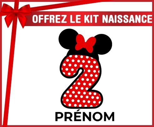 kit naissance bébé personnalisé Disney Minnie Numéro 2 rouge pois blancs papillon rouge avec prénom