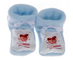 Chausson bébé I love Tunisia design 2 de couleur Bleu