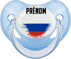 Drapeau effet pinceau Russie avec prénom Sucette Physiologique Bleue à paillette